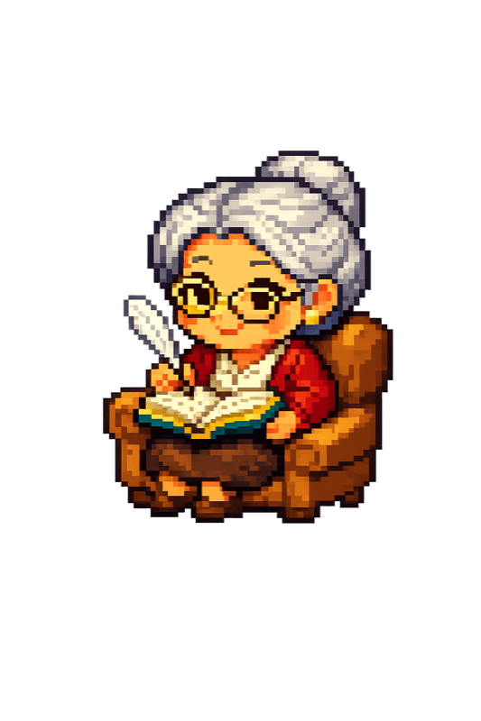 Mabel, a warm pixel-art grandmother character sitting in an armchair, writing with a quill pen
